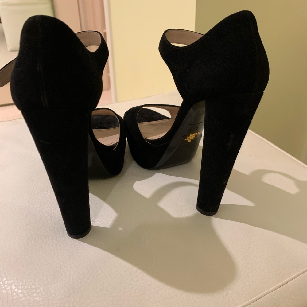 Prada Platform Heels Black Suede Ankle Strap Open Toe Size 38 - Picture 5 of 6
